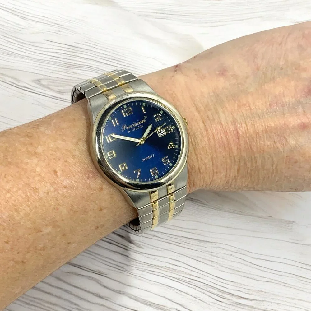 Precision By Gruen Mens Quartz Watch Blue Dial Two-Tone Stainless Steel Bracelet